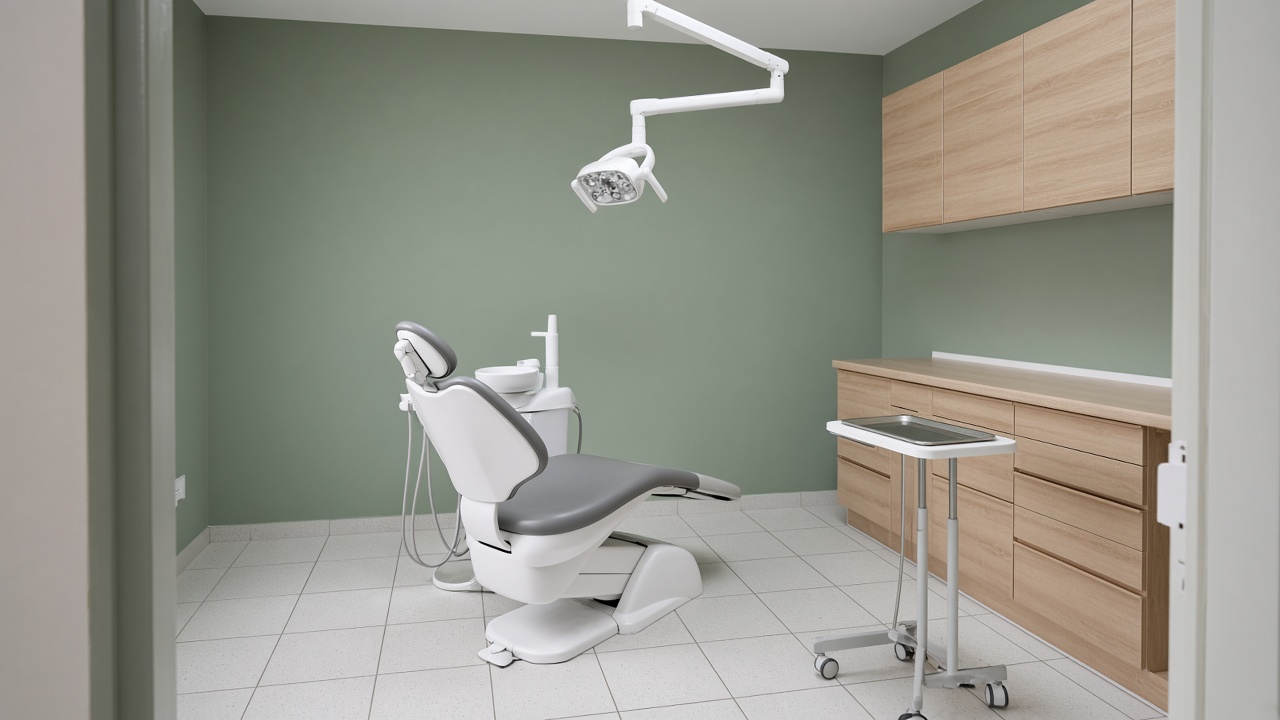 Looking through a doorway into an empty operatory with a white dental chair, an overhead light, wood cabinets, and a sage wall.