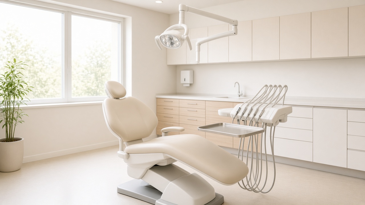 A reclined cream dental chair sits under a white operating light in a bright empty operatory with a large window.