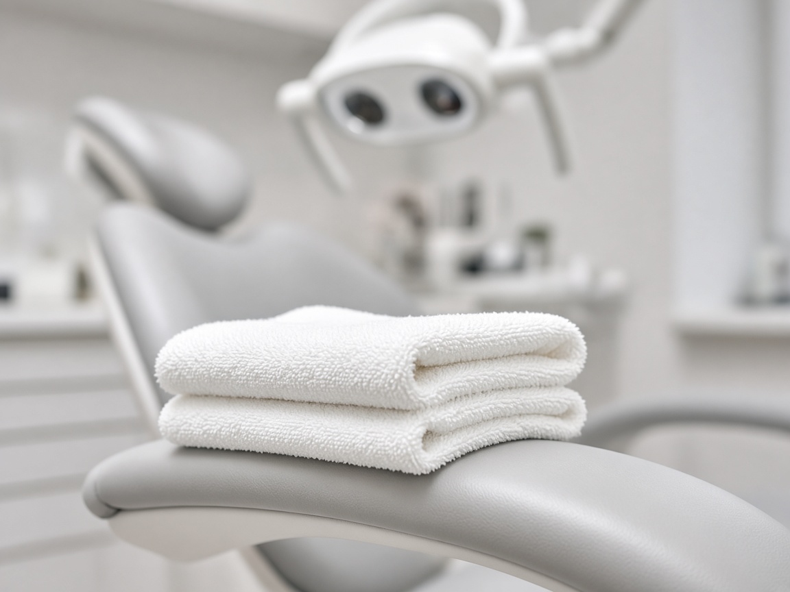 A close view of a plain folded white towel on a gray dental-chair arm, with the operating light blurred behind.