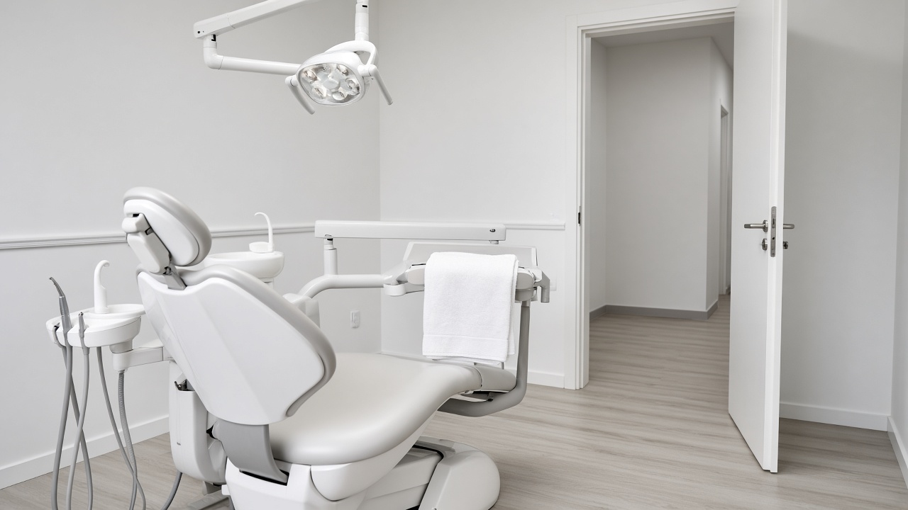 An empty white operatory shows a dental chair, an overhead light, a folded towel, and an open door to an unsigned hallway.