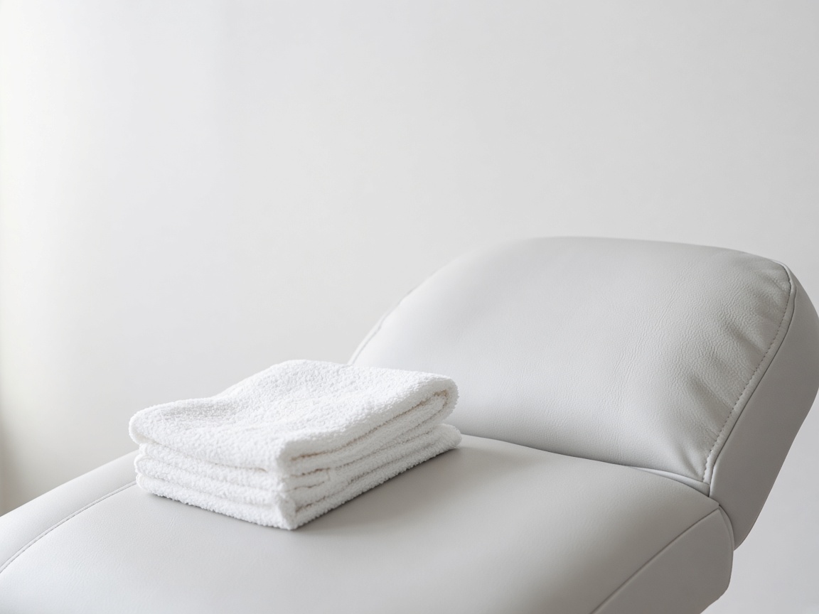 Close view of a folded white towel on the upholstery of a dermatology exam chair against a blank wall.