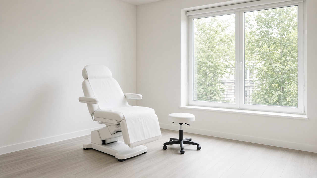 An empty white dermatology exam chair and a stool stand by a large window in a poster-free clinic room.