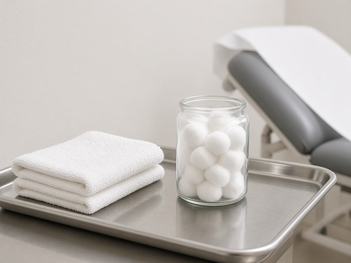 A metal tray holds stacked white towels and an unlabeled glass jar of cotton balls, with an exam chair behind.