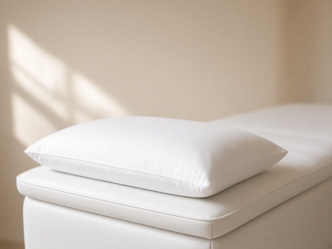 Close view of a white pillow on the upholstered head of a dermatology exam bed in soft light.