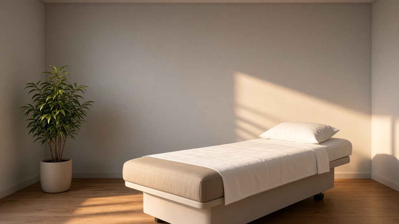An empty dermatology exam bed with a white pillow and sheet sits beside a potted plant in warm light.