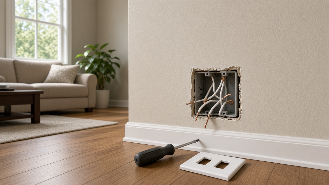 An open electrical box in a living-room wall shows copper and white wires, with a screwdriver and cover plate on the floor.