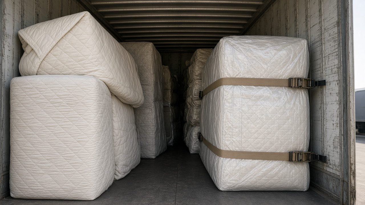Wrapped furniture loaded in an even, strapped order inside a truck.