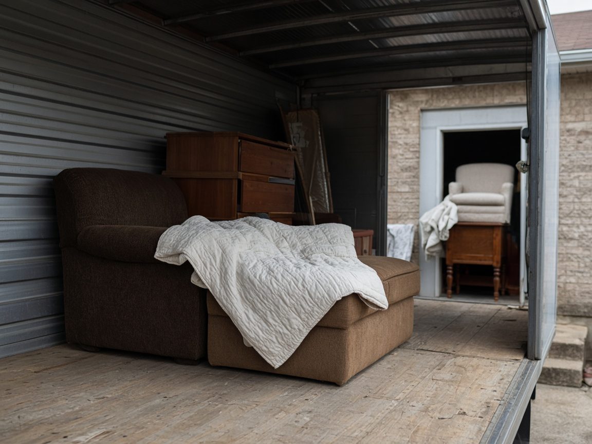 A partly loaded truck with one loose pad and more furniture waiting in the doorway.