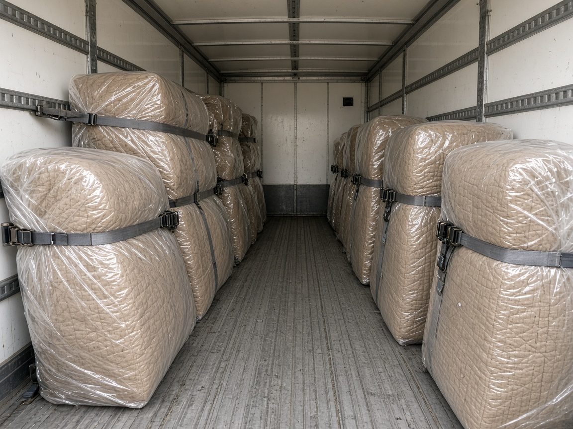 Wrapped furniture strapped inside a truck, with a clear aisle and no paperwork.