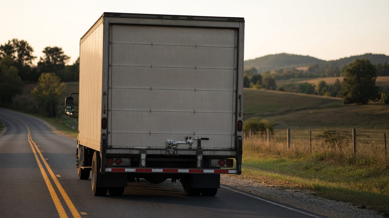 The rear of an unmarked moving truck on a rural road, no plate and no signs.