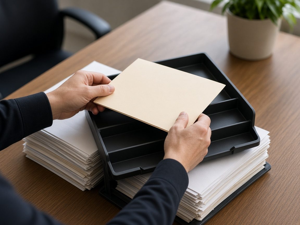 Hands moving a blank folder from one pile to another on a desk.