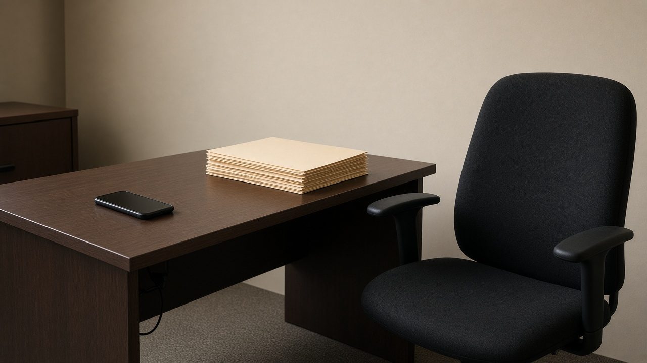 A phone with a dark screen and a stack of blank folders on a desk.