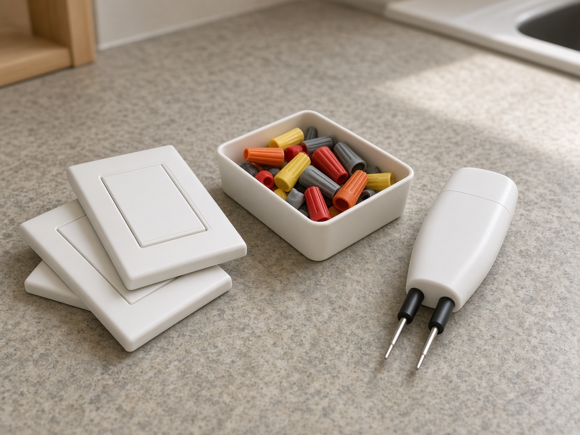 Blank white outlet covers, a tray of colorful wire nuts, and a plain tester rest on a kitchen counter.