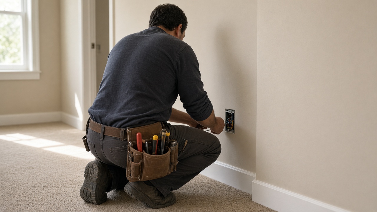 An electrician seen from behind kneels on carpet and works inside an open wall outlet box.