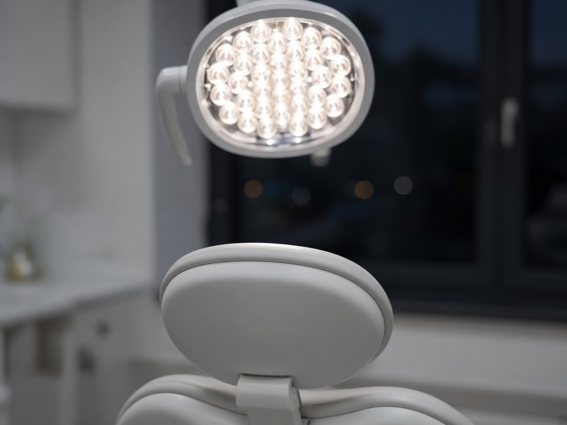 A close view of a glowing round dental light above a white chair headrest, with a dark window behind.