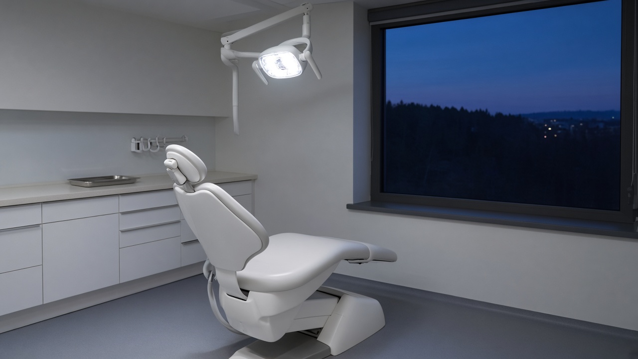An empty white dental chair is lit by a bright overhead operating light, with a deep blue evening view through a large window.