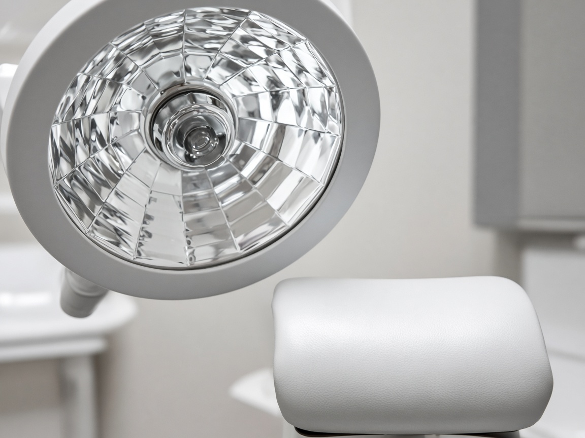 A tight photograph of a round dental-light reflector above the padded headrest of an empty white chair.