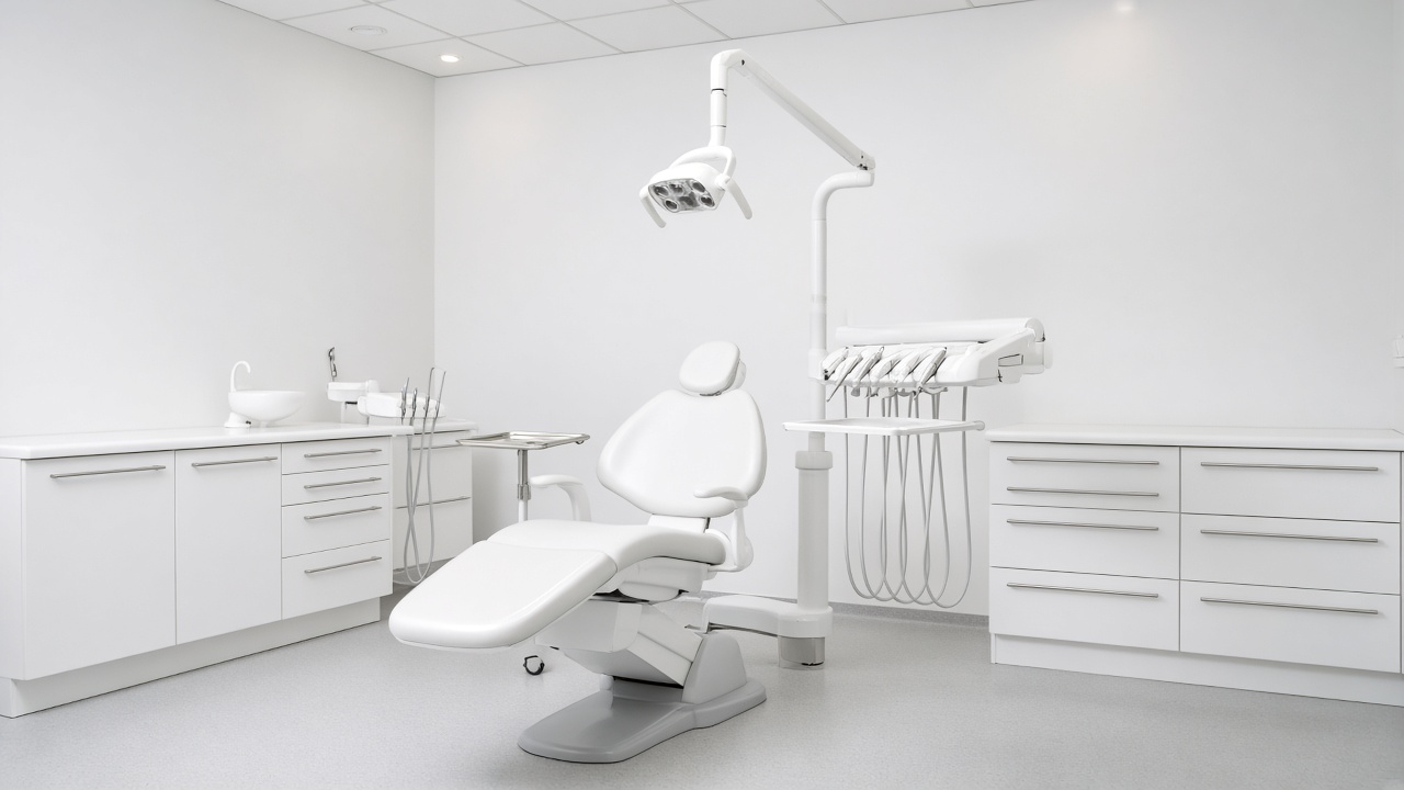 A high-key photograph of an empty all-white operatory with an upright dental chair and an overhead light lowered above it.