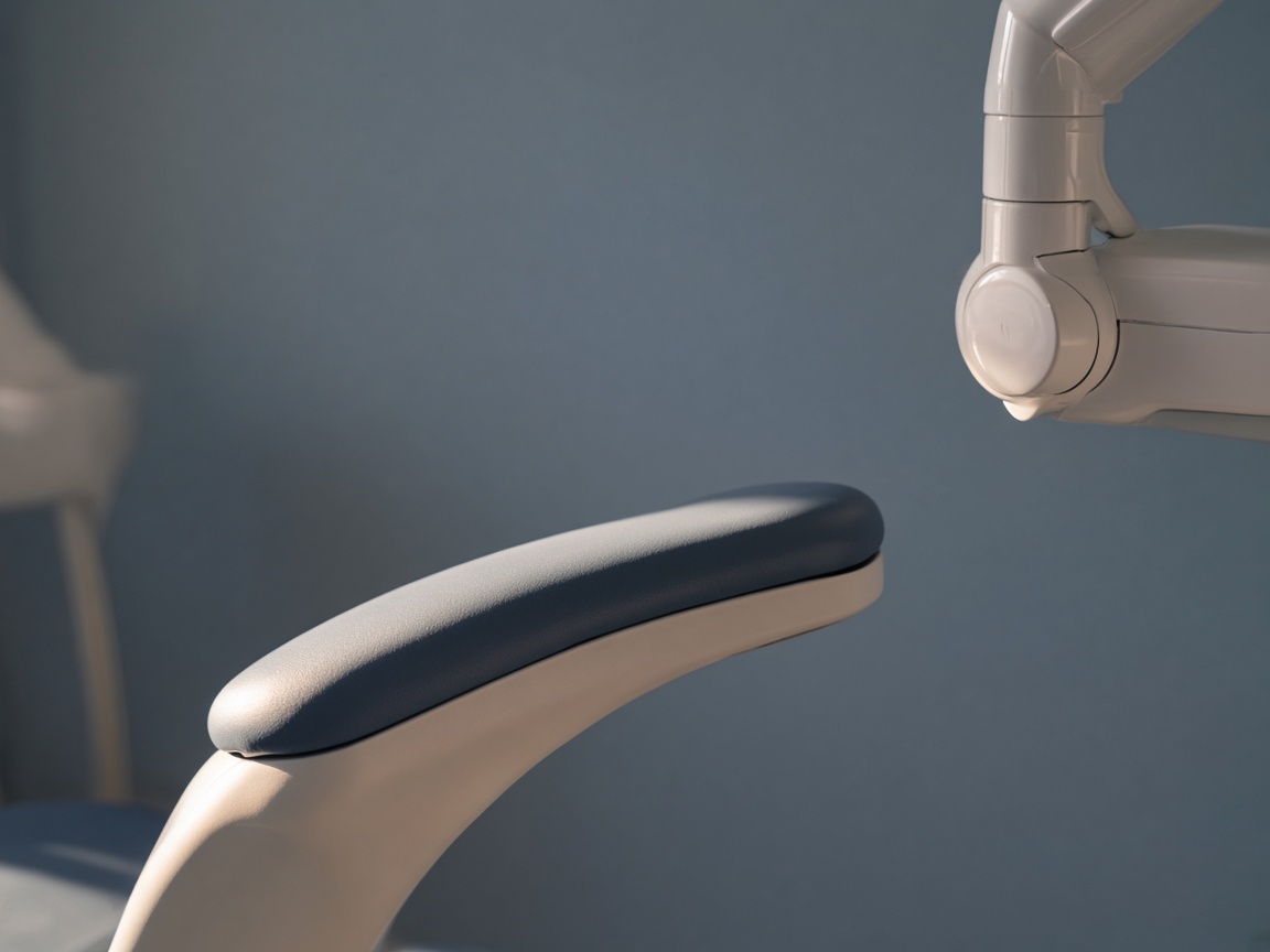 A close view of a gray chair armrest and the white arm of a dental light against a blue-gray wall.