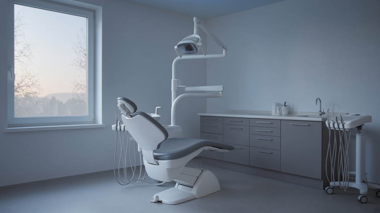 An empty dental chair and overhead light stand in a blue-gray operatory as early light comes through a window.