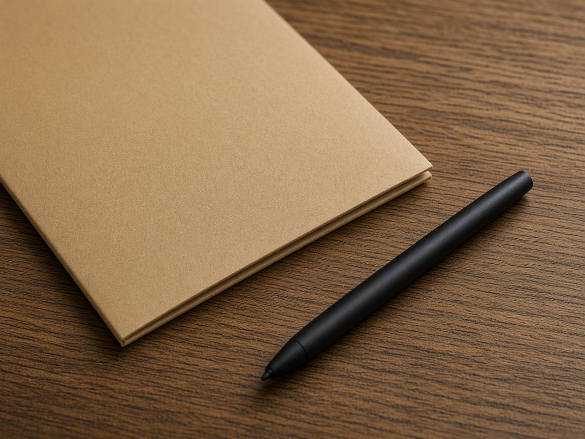 Close view of a closed tan folder corner and a plain black pen on a wood-grain desk.