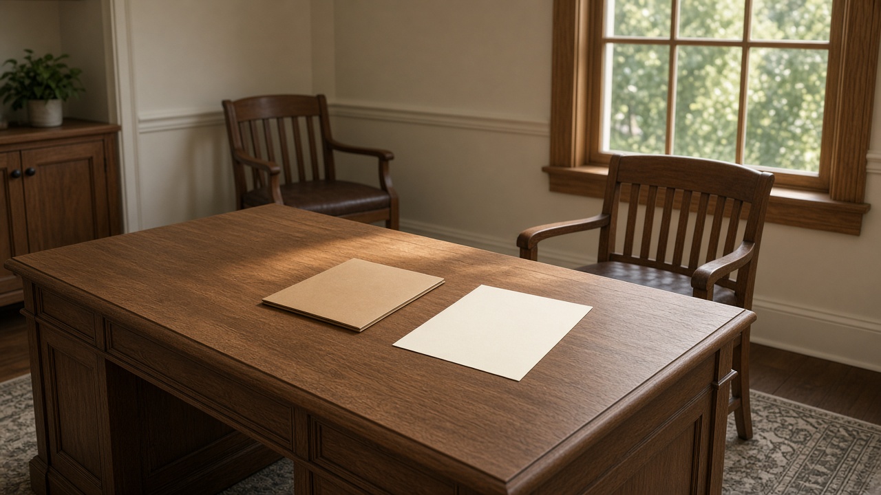 A large oak desk holds a closed tan folder and a blank cream sheet, with empty wood chairs and a window behind.