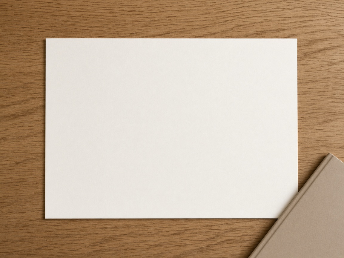 A blank white sheet of paper on an oak desk, with the corner of a closed beige folder at the lower right.