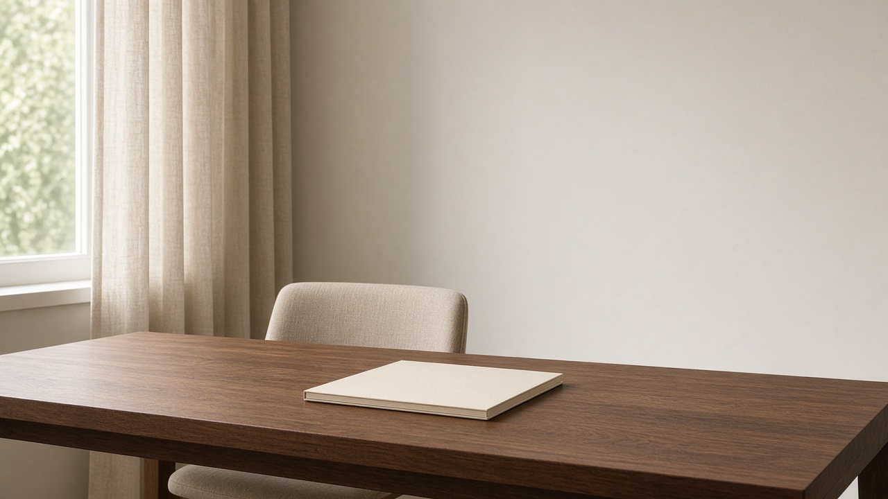 A closed ivory folder lies on a walnut desk in front of an empty beige chair, beside a curtained window.