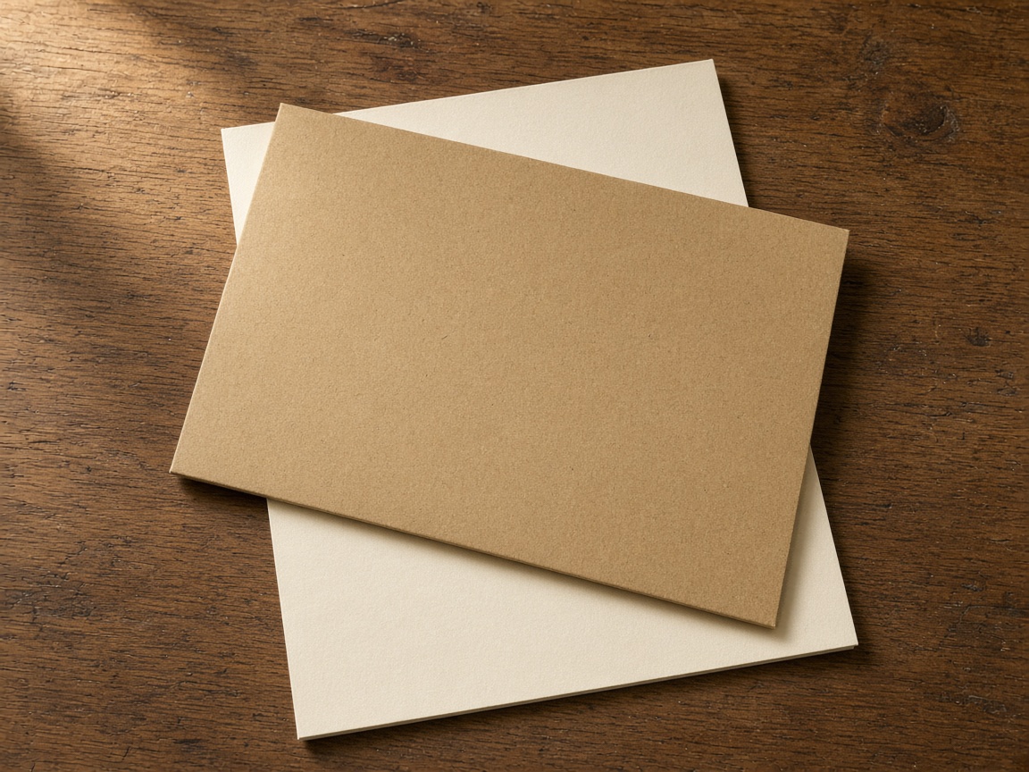 A closed brown folder lies across a blank cream sheet of paper on a dark wooden desk.