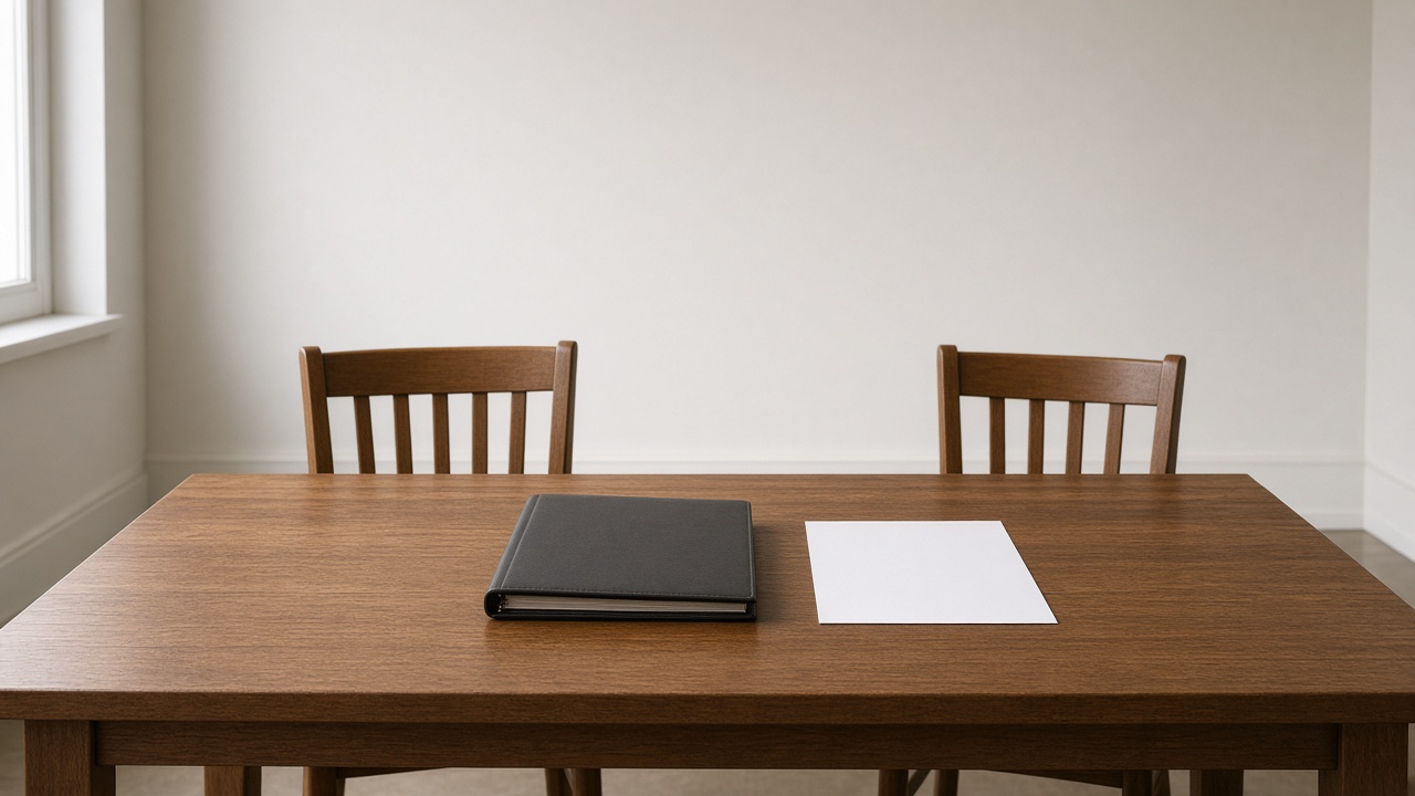 Two empty wooden chairs behind a table with a closed black folder and a blank white sheet of paper.