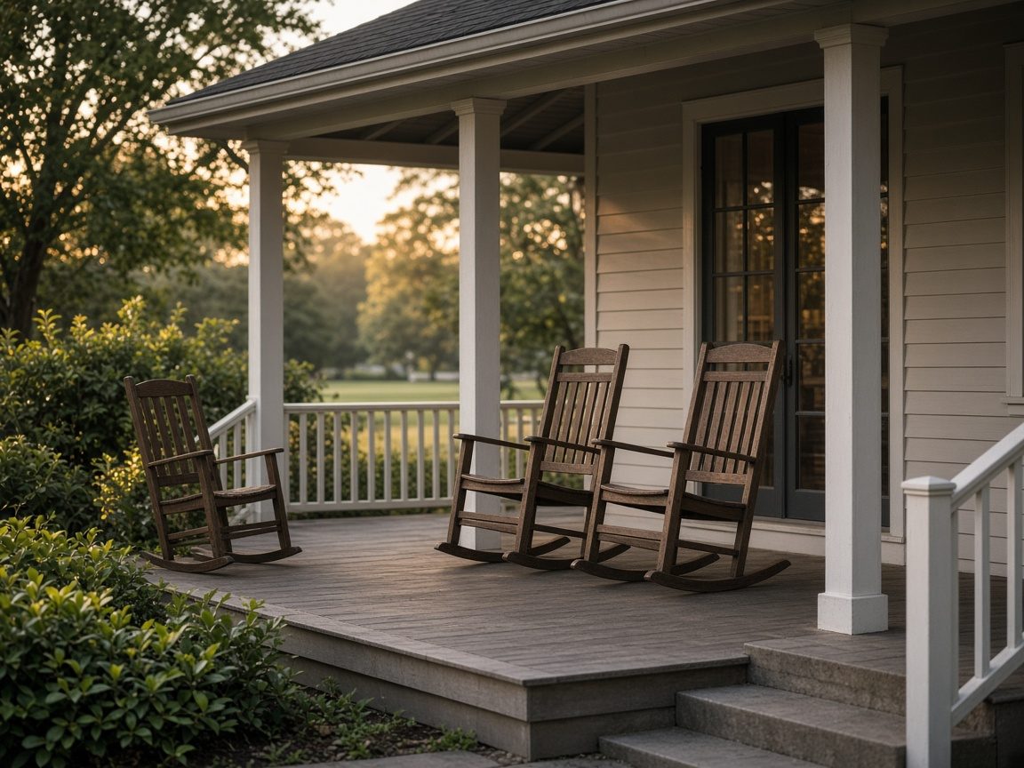 Chairs on a porch of a care building in late light.