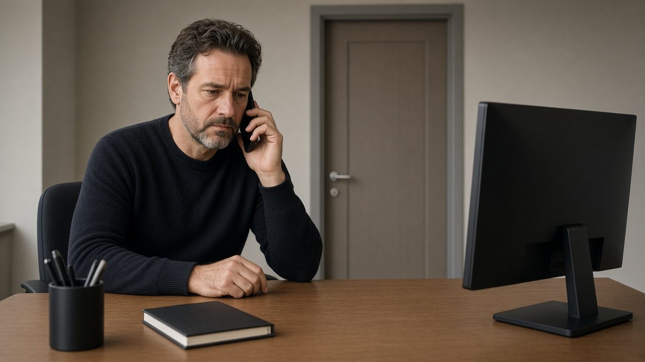 A person at a desk with a phone and a dark computer screen, a closed door behind.