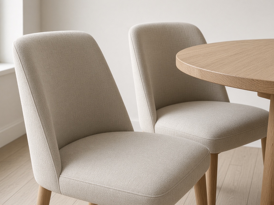 Close view of two empty beige upholstered chairs beside a round light-oak table.