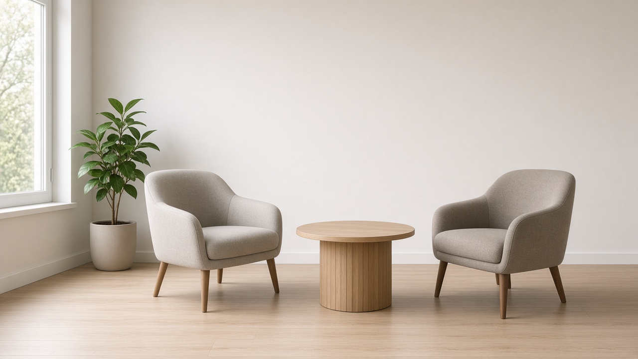 Two empty beige armchairs face a small round oak table in a bright room with a potted plant.