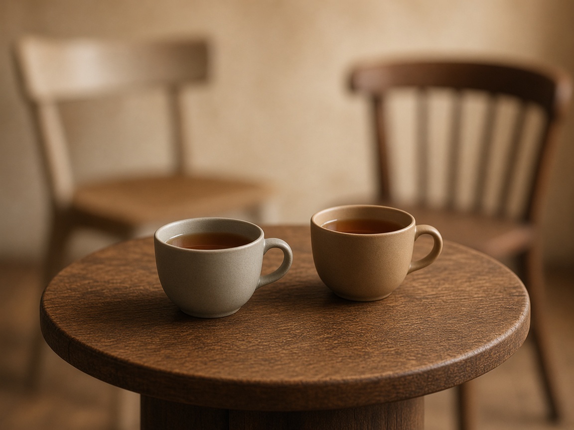 Two unmarked ceramic cups of tea on a round wood table, with two empty chairs softly out of focus behind.