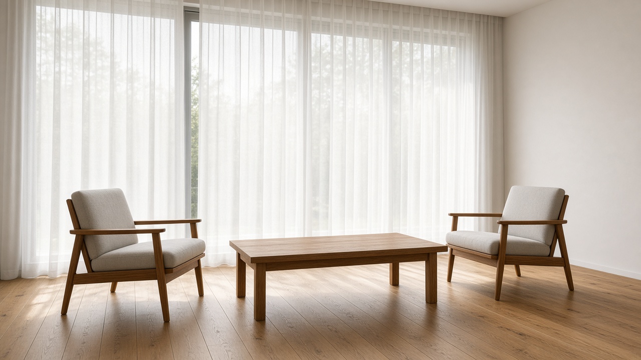 Two empty wooden armchairs with pale cushions face a low oak table in a room of sheer white curtains.