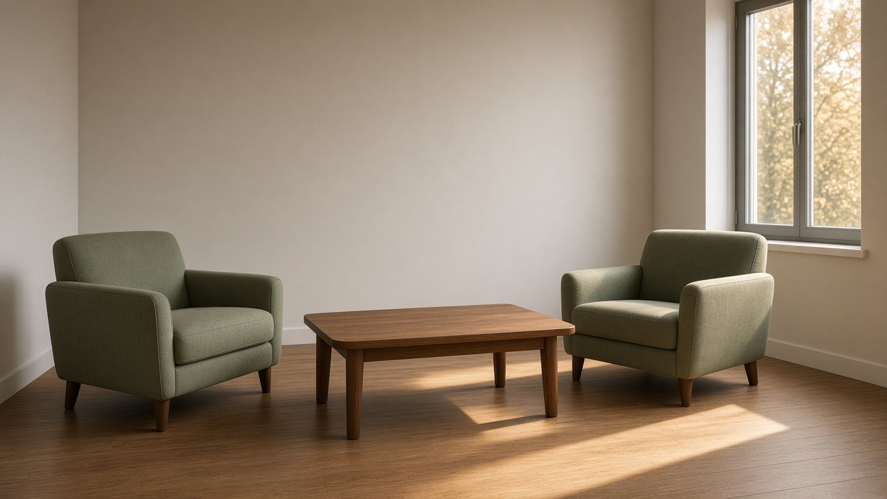 Two empty sage-green armchairs and a low wood table in a room with sunlight across the floor.