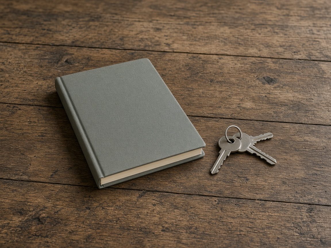 A closed notebook beside a plain set of keys.