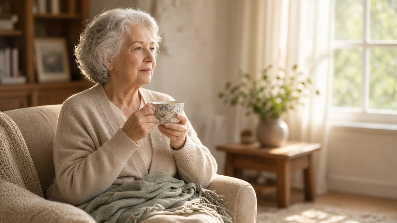 An older adult sitting with a teacup in a sunlit living room.
