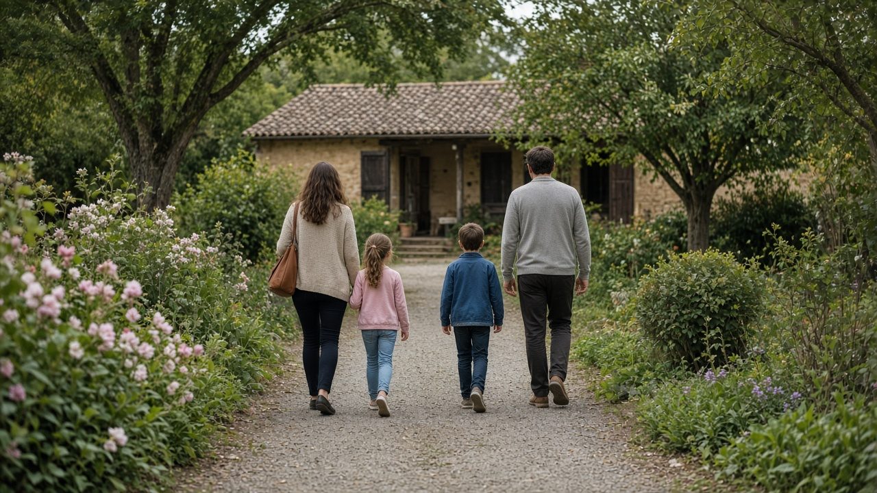 A family seen from behind walking a garden path toward an unsigned building.