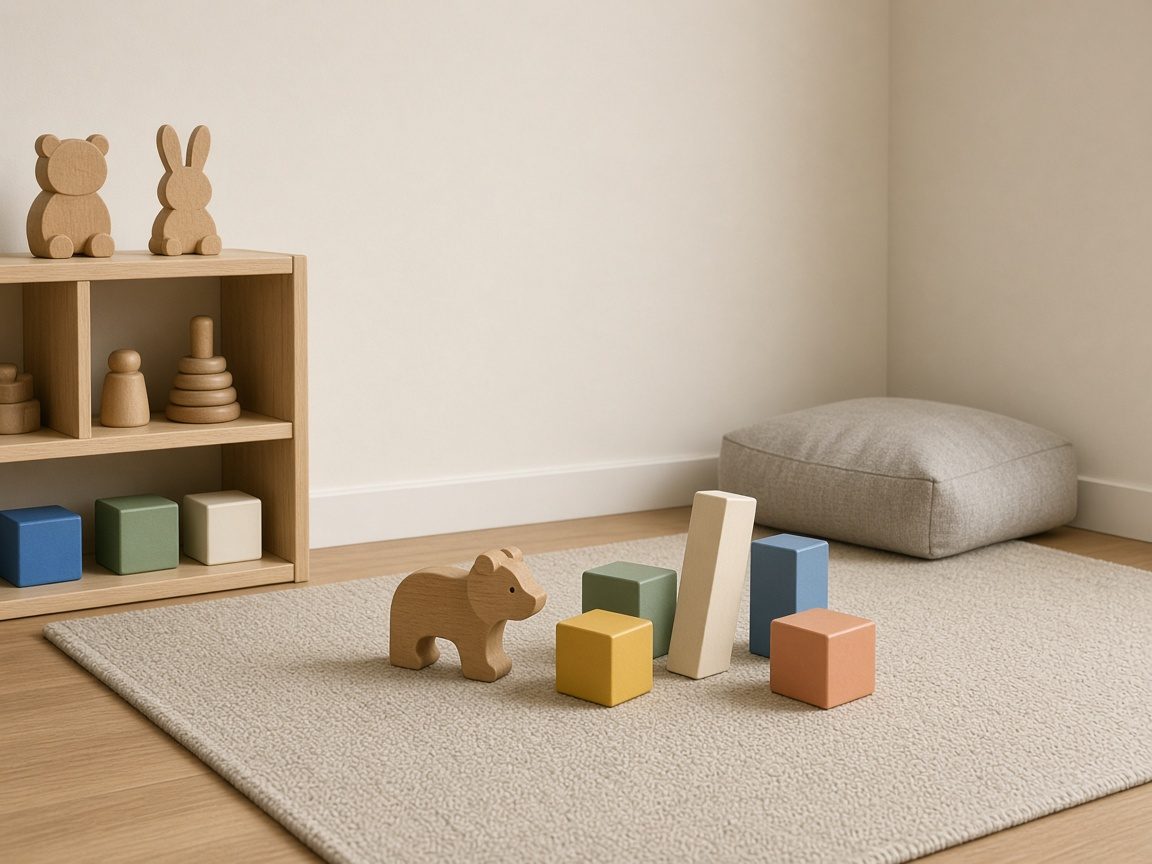 A play corner with plain wooden animals and solid-color blocks on a soft rug, blank walls.