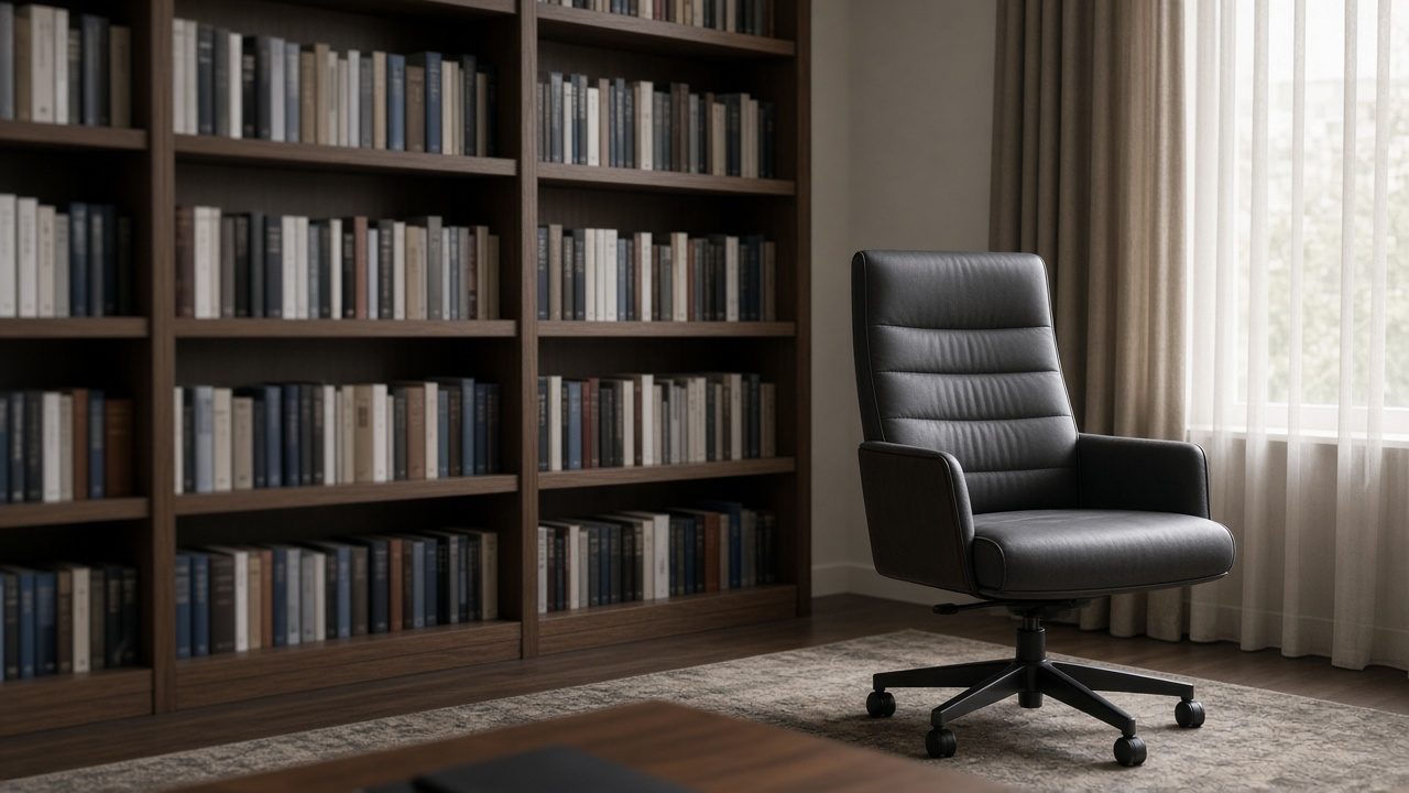 Office bookshelves thrown out of focus so no titles are readable, with one empty chair.