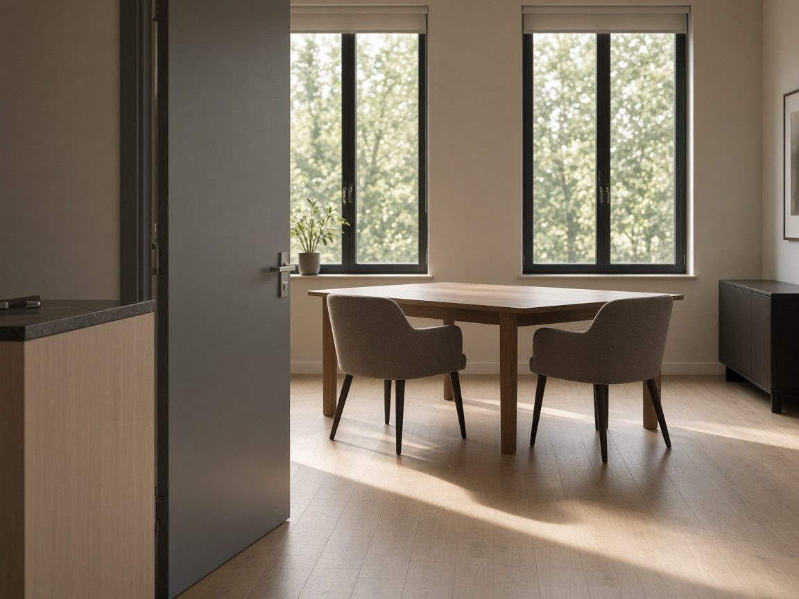 An empty meeting room with two chairs, seen from a reception doorway.