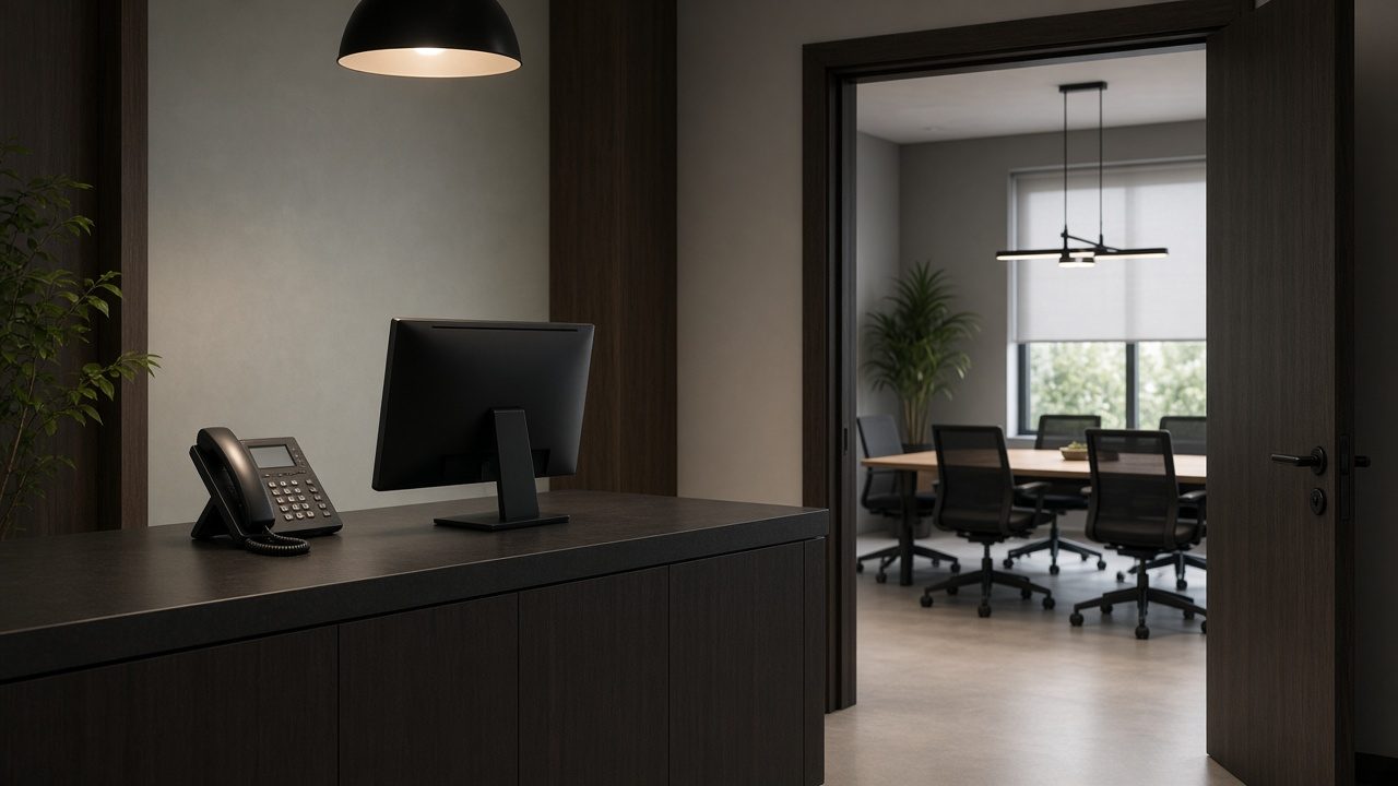 A reception desk with a dark monitor and a phone, and an open doorway to a meeting room.