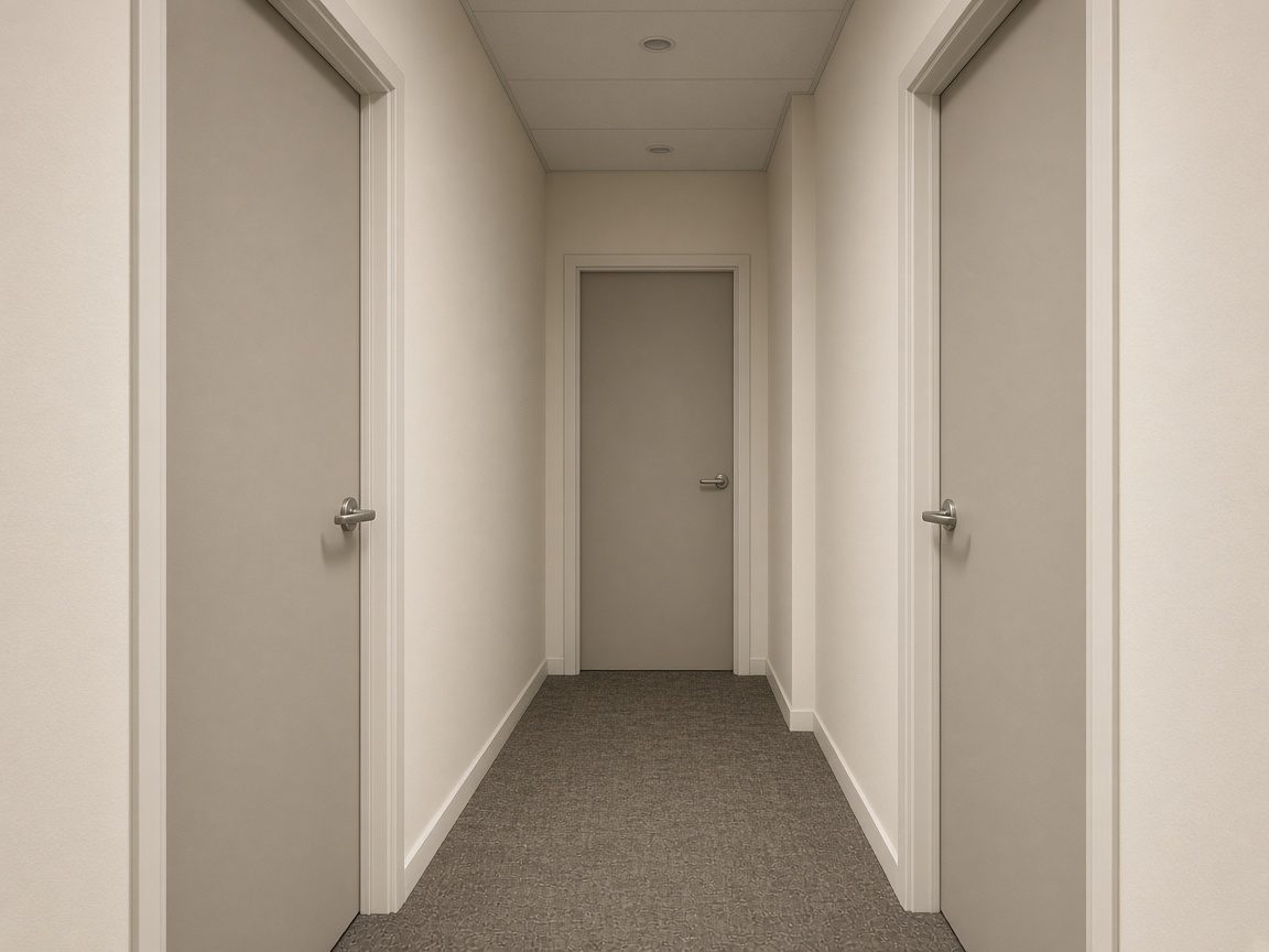 Three closed office doors with plain unmarked panels along a hallway.