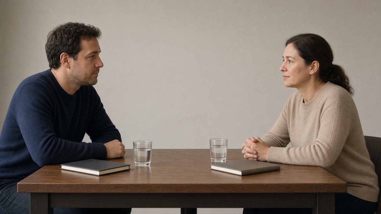 Two adults at a meeting table with closed notebooks and water glasses.