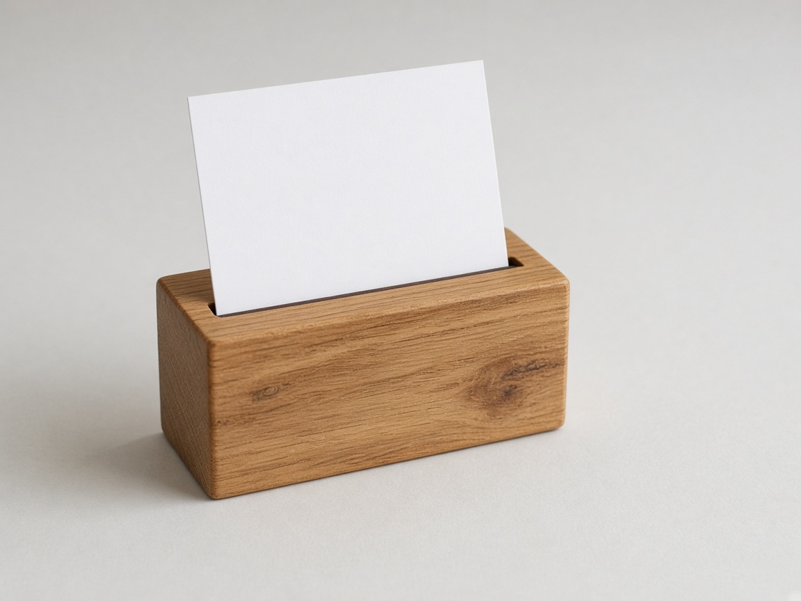 A single blank card stands in a wooden holder on a pale desk.