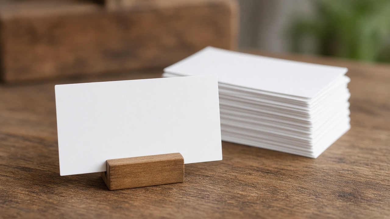 One blank card stands in a holder while a pile of blank cards sits behind it.