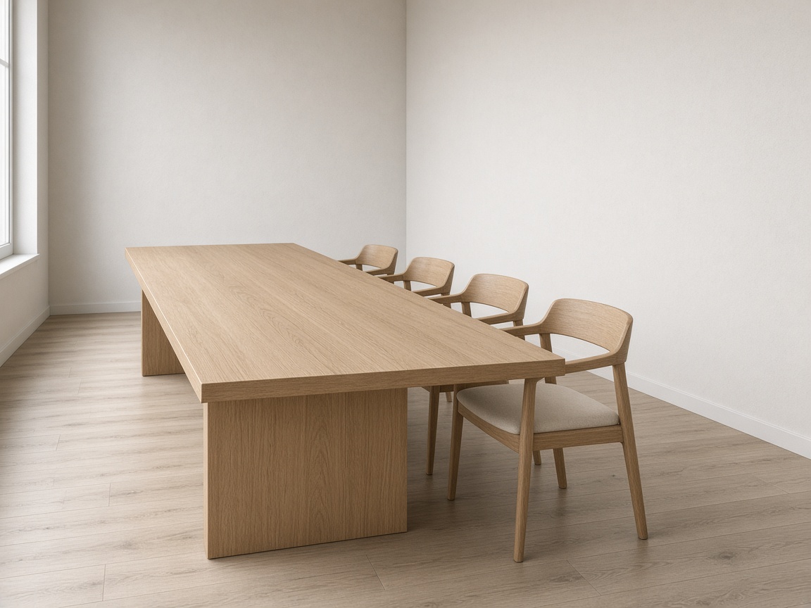A long empty pale oak conference table with several empty wood chairs along one side.