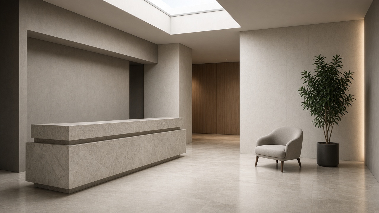 A modern lobby with a long bare stone reception desk, an empty beige chair, a tall plant, and a skylight.